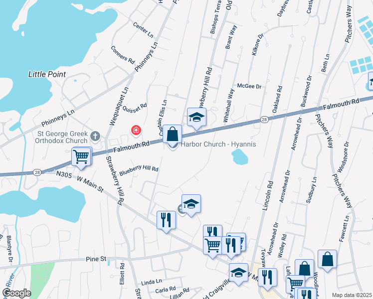 map of restaurants, bars, coffee shops, grocery stores, and more near 895 Falmouth Road in Barnstable