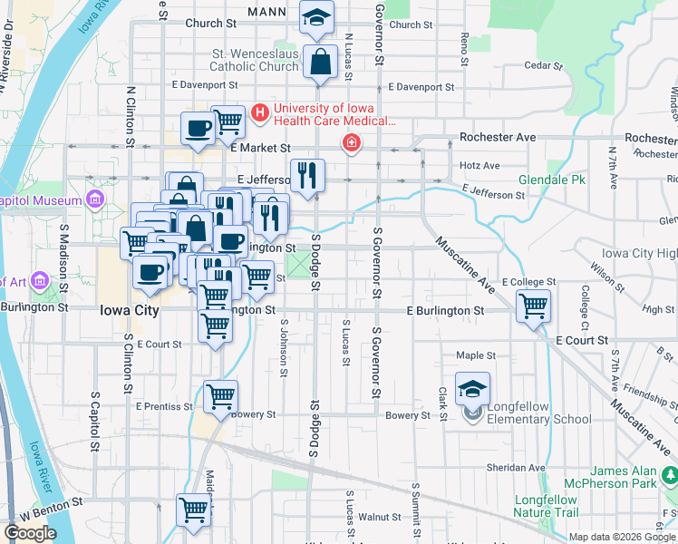 map of restaurants, bars, coffee shops, grocery stores, and more near 728 East College Street in Iowa City