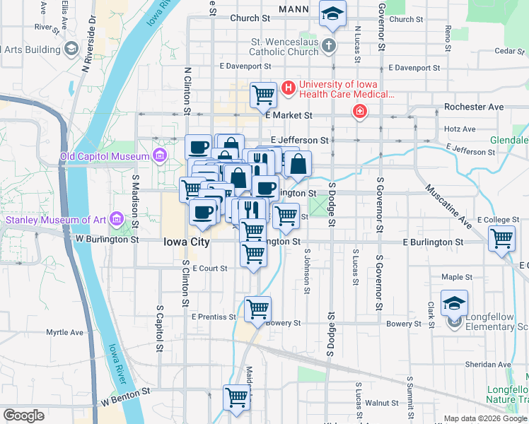 map of restaurants, bars, coffee shops, grocery stores, and more near 407 East Washington Street in Iowa City
