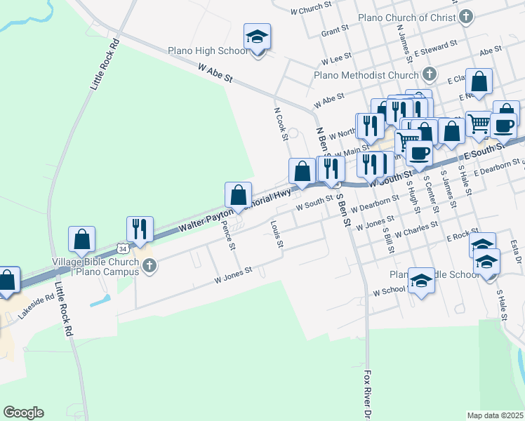 map of restaurants, bars, coffee shops, grocery stores, and more near 901 Walter Payton Memorial Highway in Plano