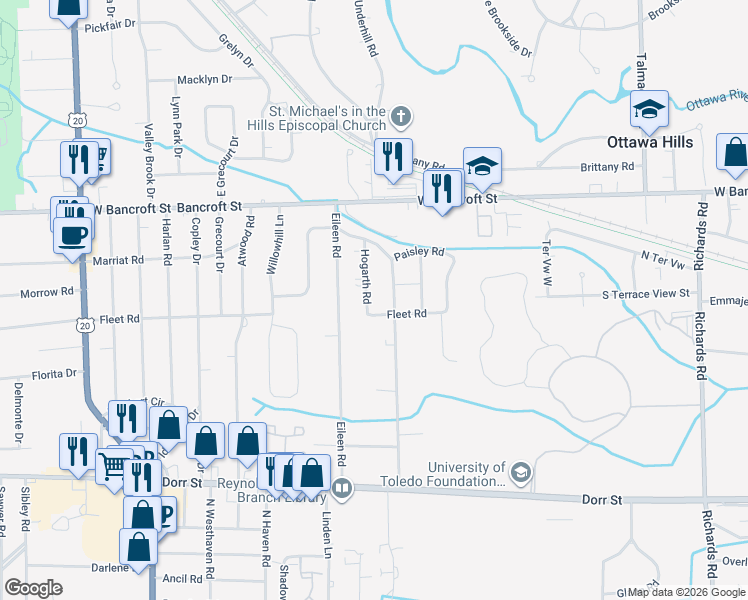 map of restaurants, bars, coffee shops, grocery stores, and more near 2016 Hogarth Road in Toledo