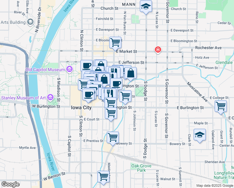 map of restaurants, bars, coffee shops, grocery stores, and more near 407 East Washington Street in Iowa City
