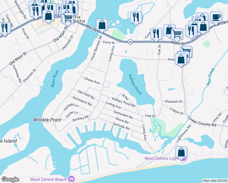 map of restaurants, bars, coffee shops, grocery stores, and more near 24 Uncle Franks Road in Dennis