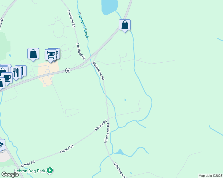 map of restaurants, bars, coffee shops, grocery stores, and more near 69 Millstream Road in Hebron