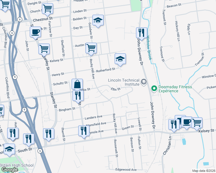 map of restaurants, bars, coffee shops, grocery stores, and more near 671 Ellis Street in New Britain