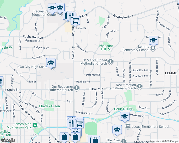 map of restaurants, bars, coffee shops, grocery stores, and more near 126 South Mount Vernon Drive in Iowa City