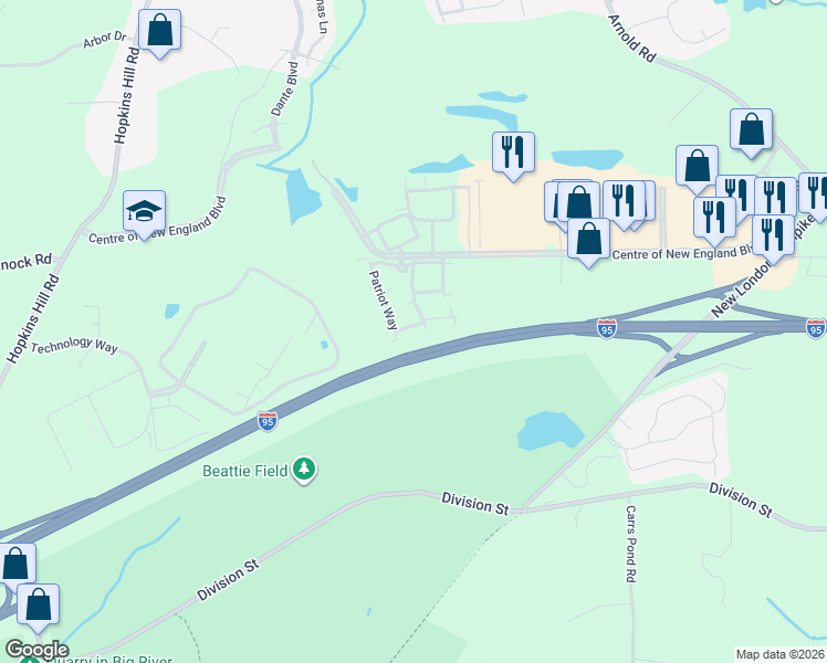 map of restaurants, bars, coffee shops, grocery stores, and more near 14226 Patriot Way in West Greenwich