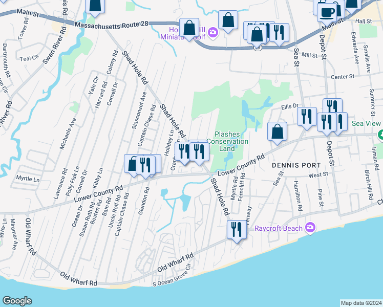 map of restaurants, bars, coffee shops, grocery stores, and more near 8 Blueberry Lane in Dennis