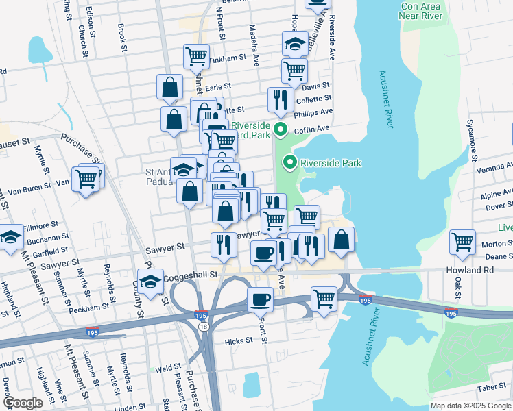 map of restaurants, bars, coffee shops, grocery stores, and more near 4 Tallman Street in New Bedford