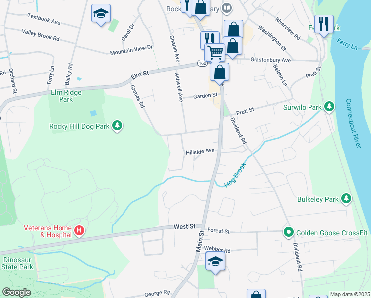 map of restaurants, bars, coffee shops, grocery stores, and more near 20 Hillside Avenue in Rocky Hill