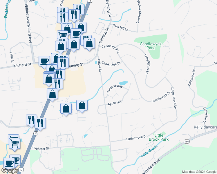 map of restaurants, bars, coffee shops, grocery stores, and more near 46 Cortland Way in Newington