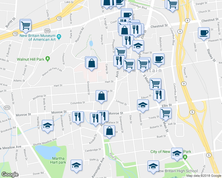 map of restaurants, bars, coffee shops, grocery stores, and more near 27 Winthrop Street in New Britain