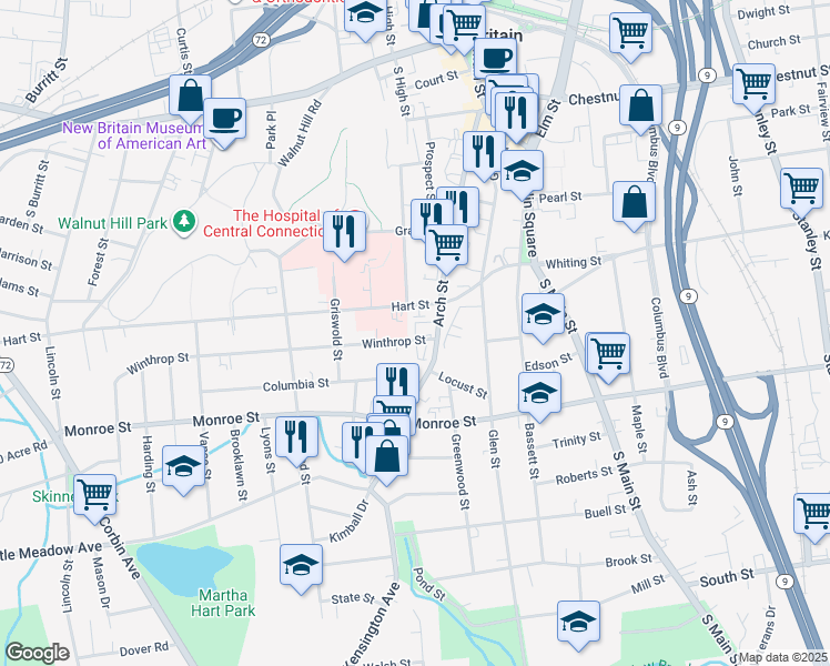 map of restaurants, bars, coffee shops, grocery stores, and more near 27 Winthrop Street in New Britain