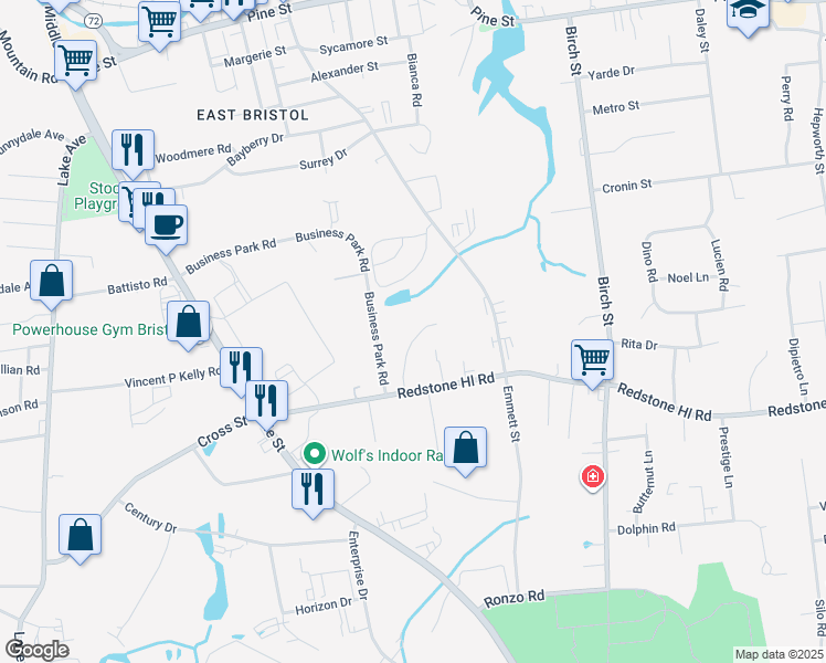 map of restaurants, bars, coffee shops, grocery stores, and more near 155 Redstone Hill Road in Bristol