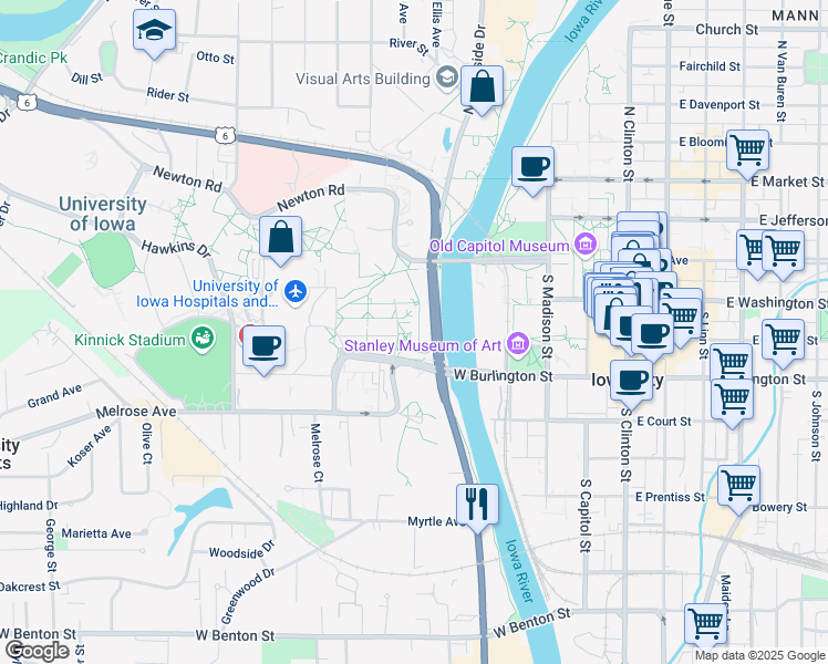 map of restaurants, bars, coffee shops, grocery stores, and more near 177-245 Byington Road in Iowa City