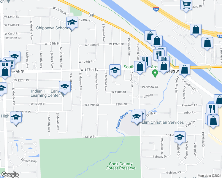 map of restaurants, bars, coffee shops, grocery stores, and more near 5744 West 128th Street in Crestwood