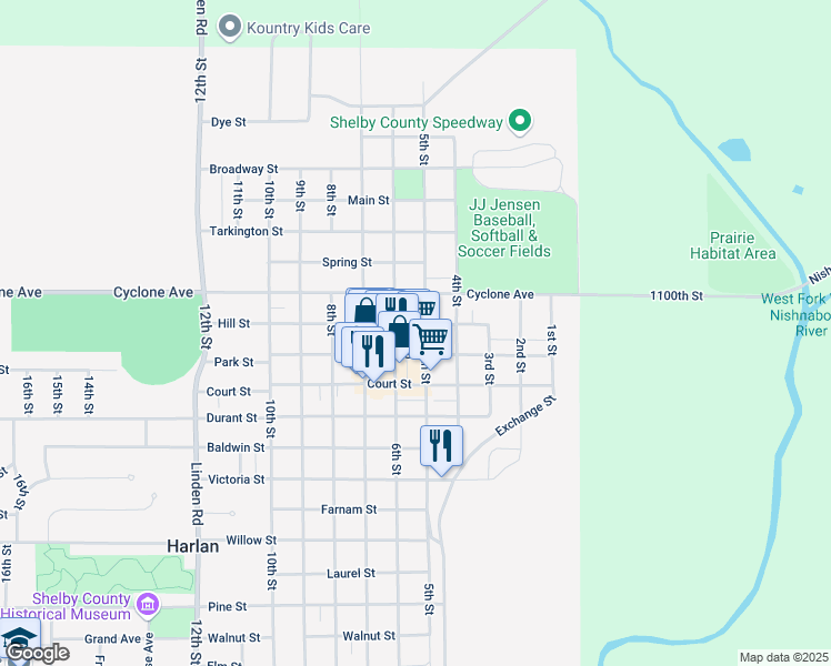 map of restaurants, bars, coffee shops, grocery stores, and more near 510 Hill Street in Harlan
