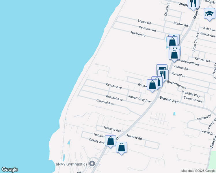 map of restaurants, bars, coffee shops, grocery stores, and more near 180 Kearns Avenue in Tiverton