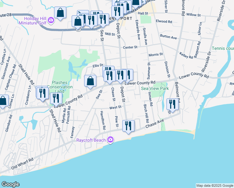map of restaurants, bars, coffee shops, grocery stores, and more near 16 Chase Street in Dennis Port