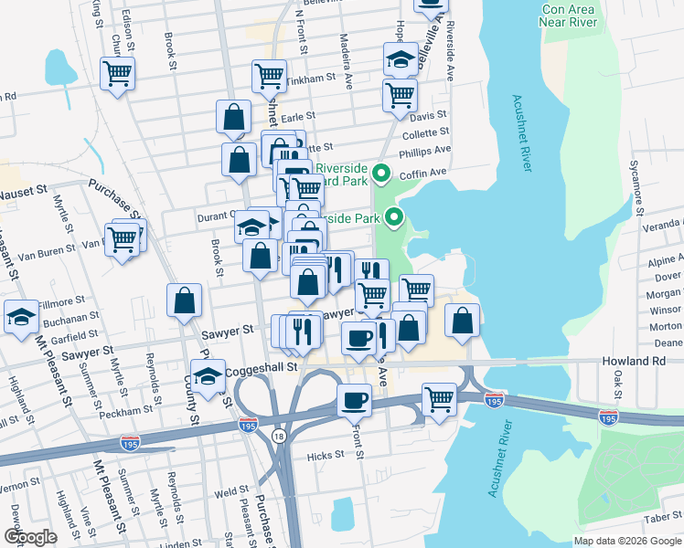 map of restaurants, bars, coffee shops, grocery stores, and more near 39 Tallman Street in New Bedford