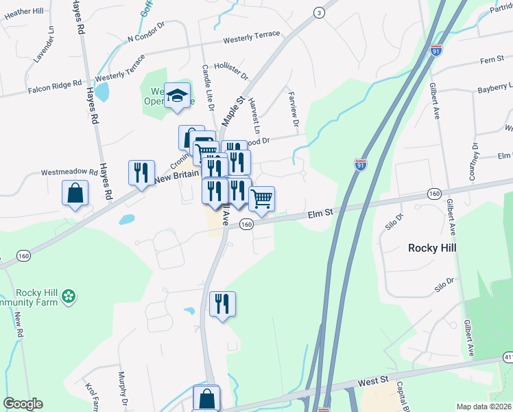 map of restaurants, bars, coffee shops, grocery stores, and more near 41 Little Oak Lane in Rocky Hill