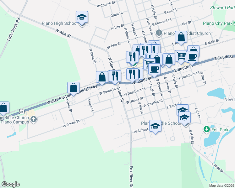 map of restaurants, bars, coffee shops, grocery stores, and more near 501 U.S. 34 in Plano