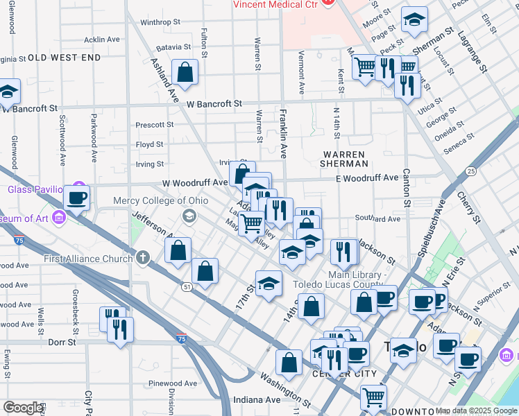 map of restaurants, bars, coffee shops, grocery stores, and more near 1830 Adams Street in Toledo