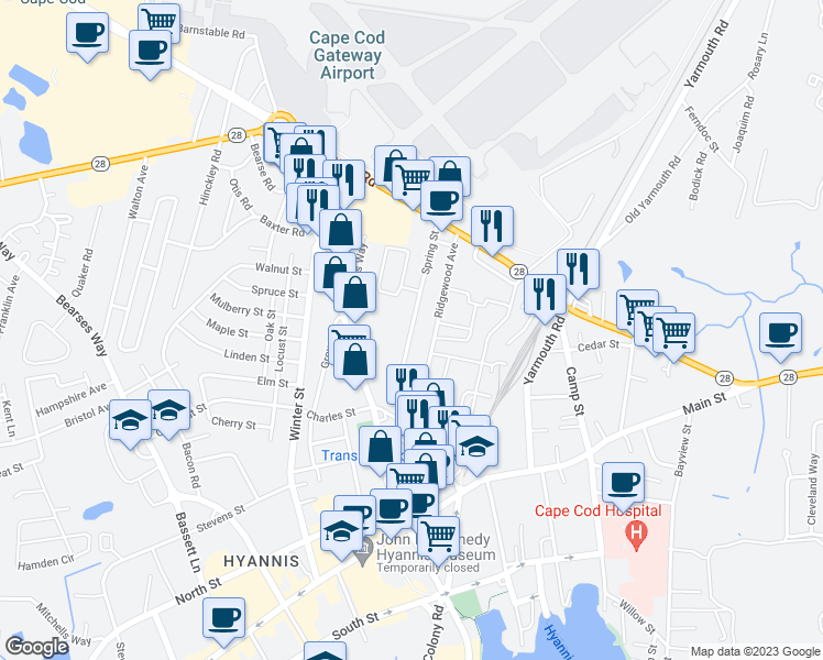 map of restaurants, bars, coffee shops, grocery stores, and more near 87 Spring Street in Barnstable