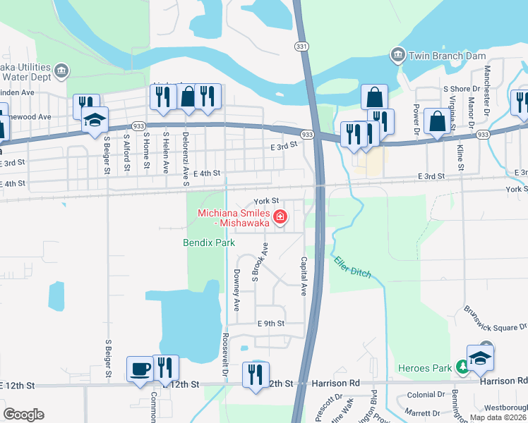 map of restaurants, bars, coffee shops, grocery stores, and more near 320 South Brook Avenue in Mishawaka