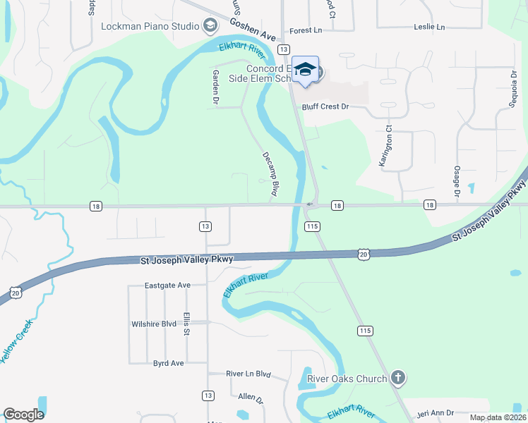map of restaurants, bars, coffee shops, grocery stores, and more near 23556 County Road 18 in Elkhart