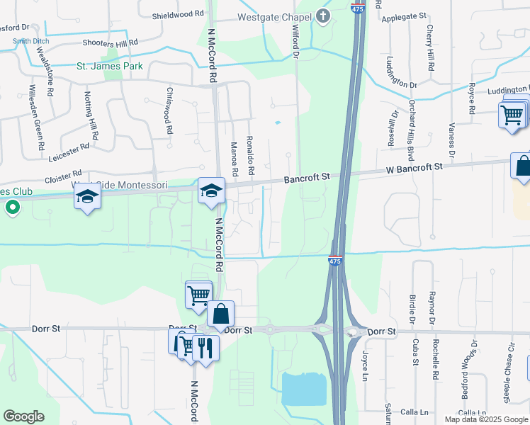map of restaurants, bars, coffee shops, grocery stores, and more near 2045 Country Trace Place in Toledo
