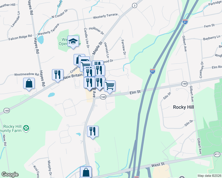 map of restaurants, bars, coffee shops, grocery stores, and more near 41 Little Oak Lane in Rocky Hill