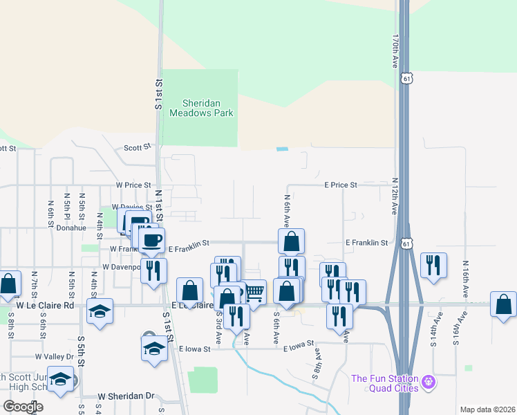 map of restaurants, bars, coffee shops, grocery stores, and more near 600 East Price Street in Eldridge
