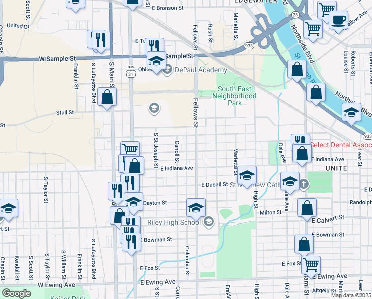 map of restaurants, bars, coffee shops, grocery stores, and more near 317 Haney Avenue in South Bend