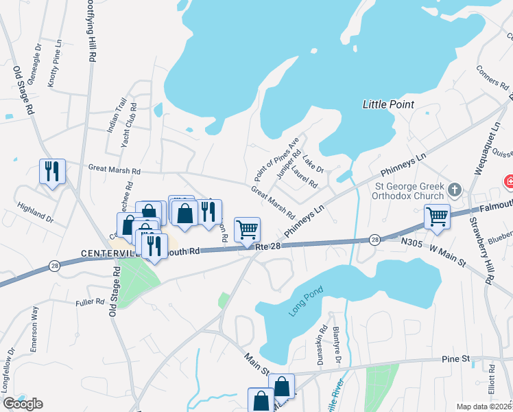 map of restaurants, bars, coffee shops, grocery stores, and more near 75 Great Marsh Road in Barnstable