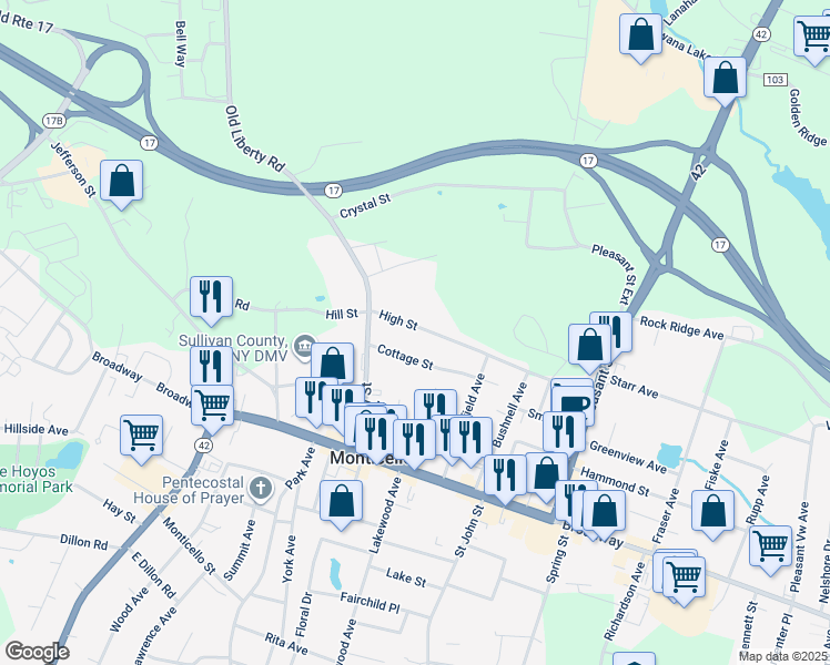 map of restaurants, bars, coffee shops, grocery stores, and more near 44 Cottage Street in Monticello
