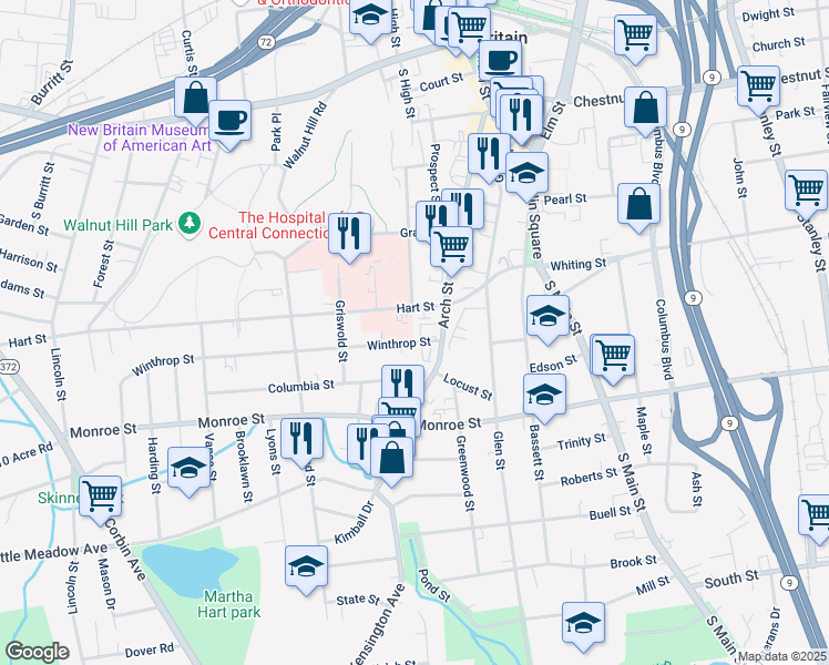 map of restaurants, bars, coffee shops, grocery stores, and more near 27 Winthrop St in New Britain