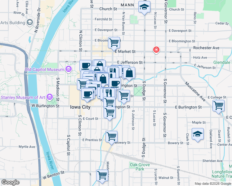 map of restaurants, bars, coffee shops, grocery stores, and more near 407 East Washington Street in Iowa City