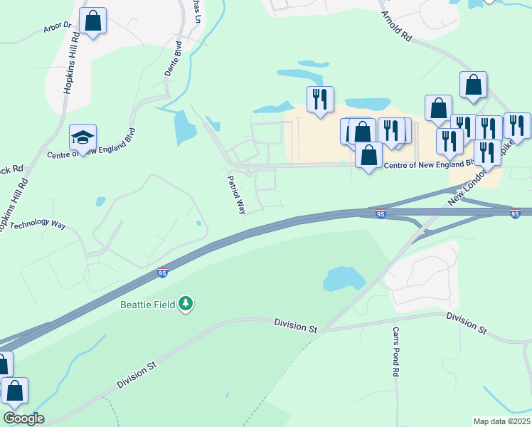 map of restaurants, bars, coffee shops, grocery stores, and more near 12121 Patriot Way in West Greenwich