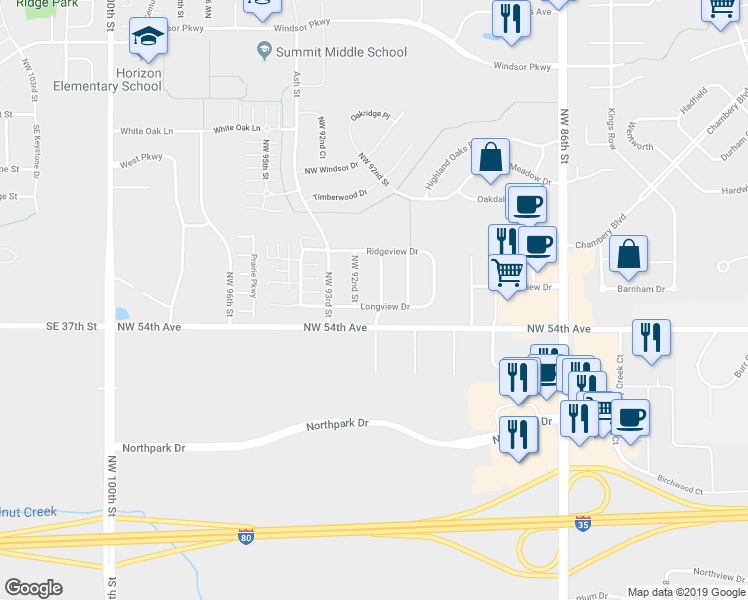 map of restaurants, bars, coffee shops, grocery stores, and more near 5404 Northwest 91st Street in Johnston