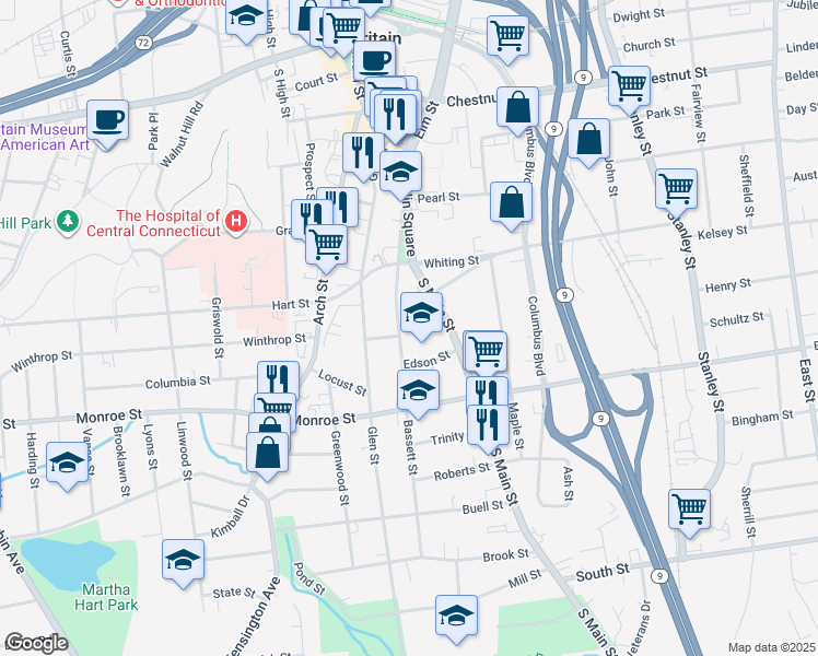 map of restaurants, bars, coffee shops, grocery stores, and more near 68 Bassett St in New Britain