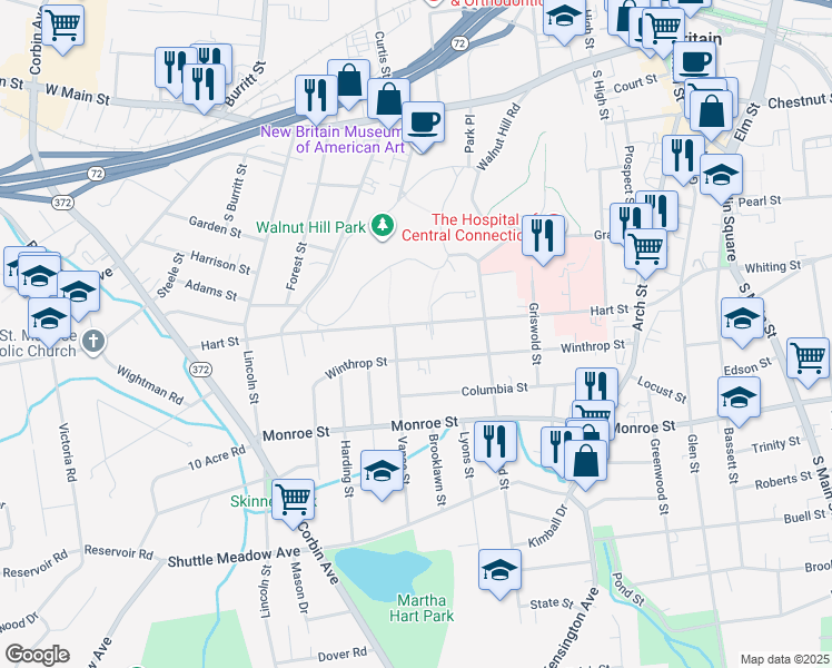 map of restaurants, bars, coffee shops, grocery stores, and more near 218 Hart Street in New Britain