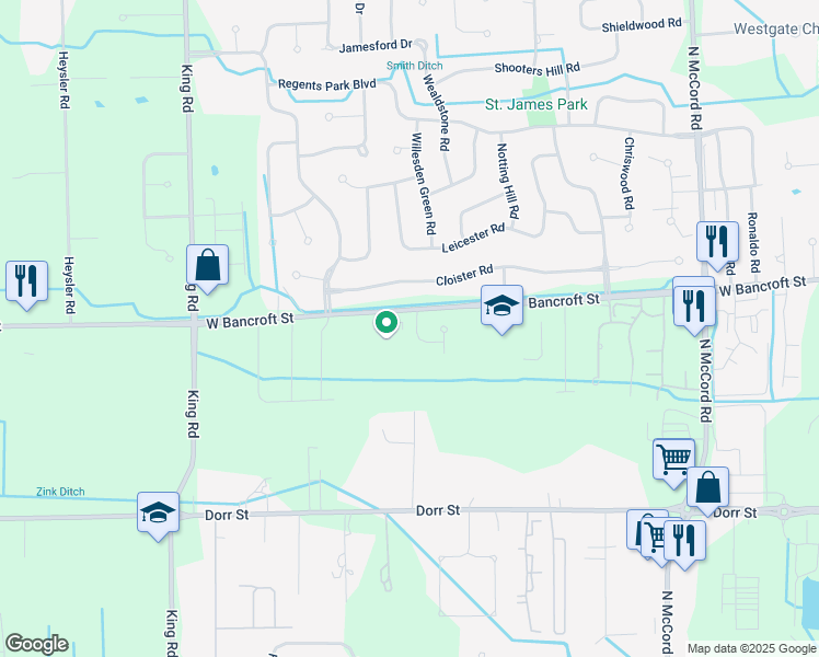 map of restaurants, bars, coffee shops, grocery stores, and more near 2129 Old Mill Road in Toledo