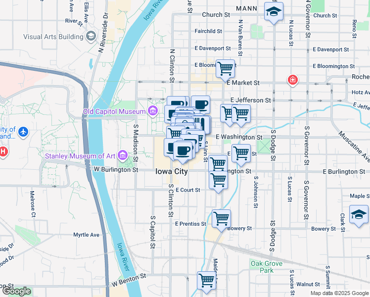 map of restaurants, bars, coffee shops, grocery stores, and more near 125 South Dubuque Street in Iowa City
