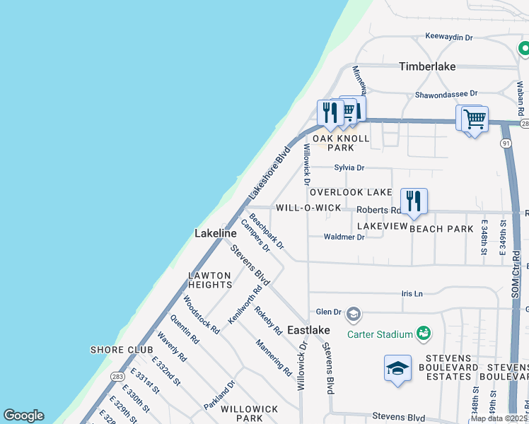 map of restaurants, bars, coffee shops, grocery stores, and more near 33862 Roberts Road in Eastlake