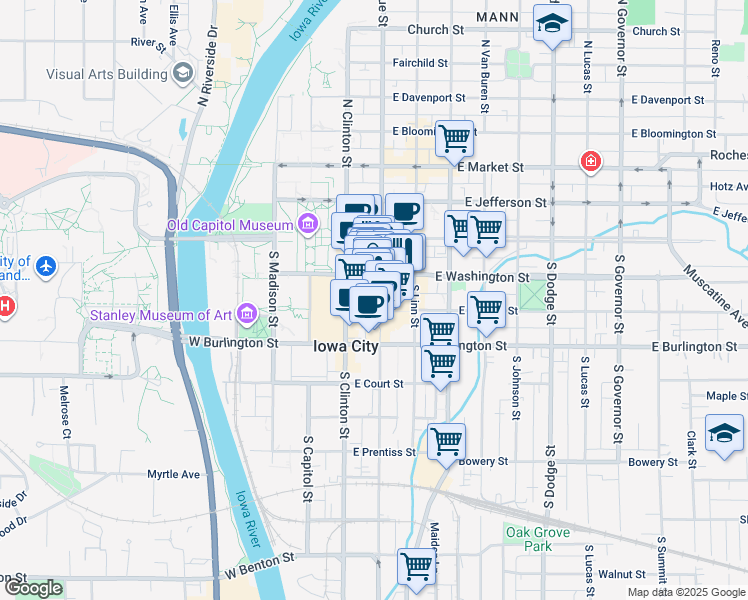 map of restaurants, bars, coffee shops, grocery stores, and more near 125 South Dubuque Street in Iowa City