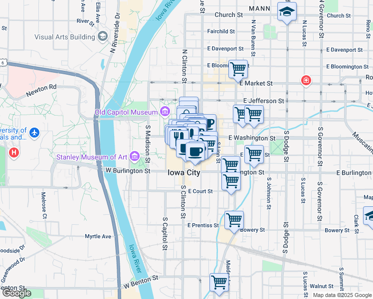 map of restaurants, bars, coffee shops, grocery stores, and more near 114 South Clinton Street in Iowa City
