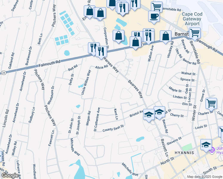 map of restaurants, bars, coffee shops, grocery stores, and more near 62 Kelley Road in Barnstable