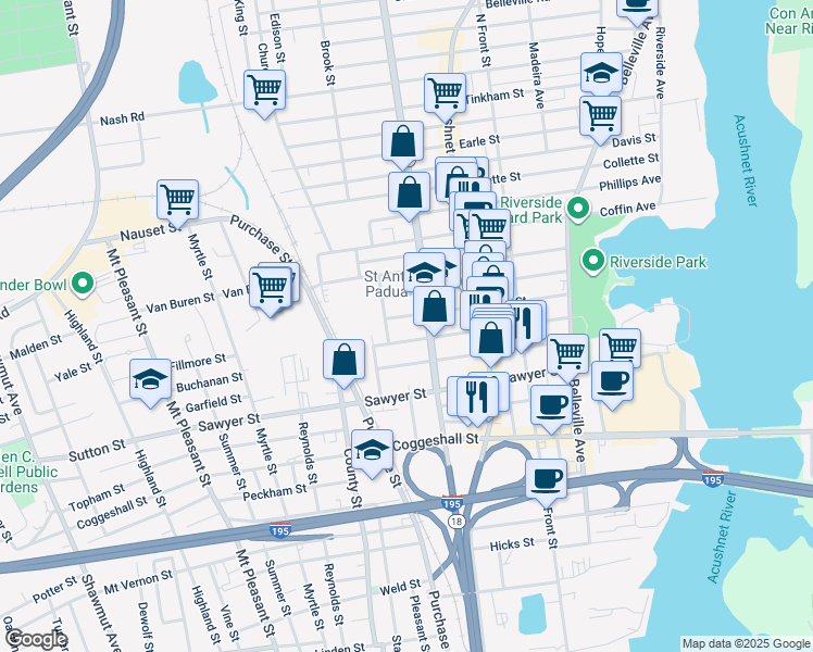 map of restaurants, bars, coffee shops, grocery stores, and more near 136 Nye Street in New Bedford