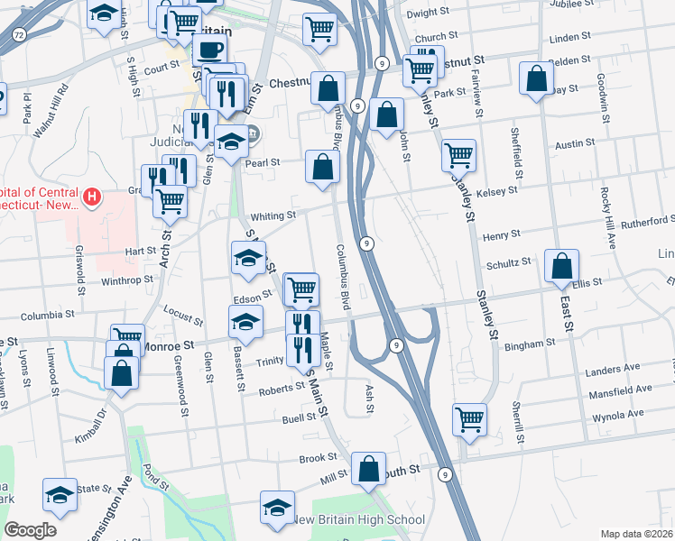 map of restaurants, bars, coffee shops, grocery stores, and more near 435 Columbus Boulevard in New Britain